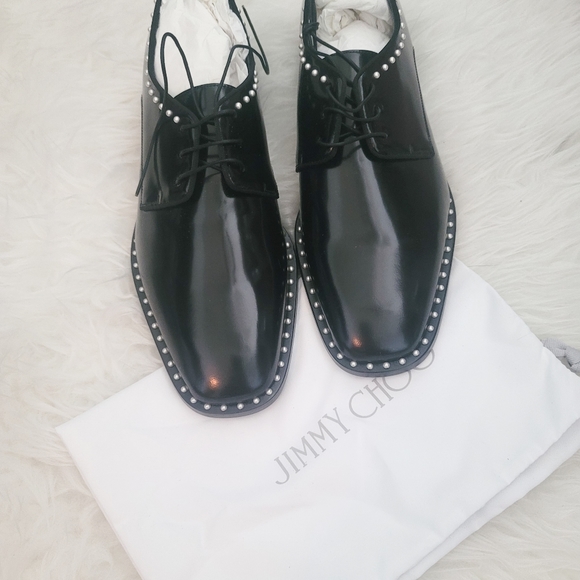 NWB Jimmy Choo Shiny Black Leather Oxford Shoe with Pearl Detailing - Picture 7 of 8